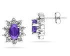 6mm x 4mm Oval Shaped Amethyst and Diamond Flower Earrings in 14K White Gold