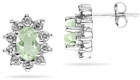 6mm x 4mm Oval Shaped Green Amethyst and Diamond Flower Earrings in 14K White Gold