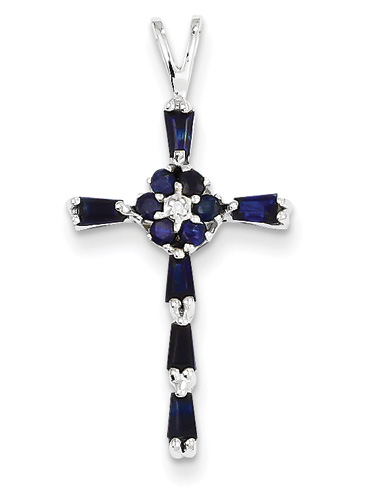 Sapphire Flower Cross Necklace, 14K White Gold