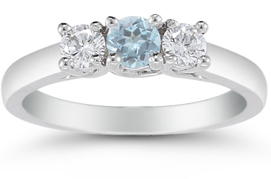 Three Stone Diamond and Aquamarine Gemstone Ring