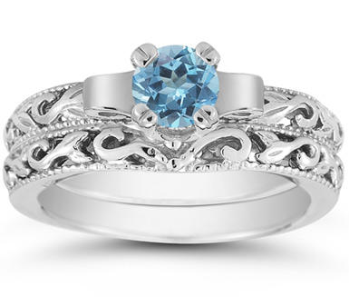 1 Carat Art Deco Blue Topaz Bridal Ring Set 14K White Gold 67500