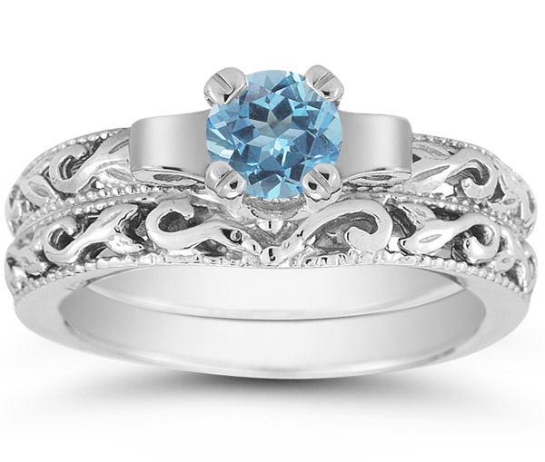 Carat Art Deco Blue Topaz Bridal Ring Set, 14K White Gold