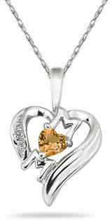 Heart-Shaped Citrine and Diamond MOM Pendant, 10K White Gold