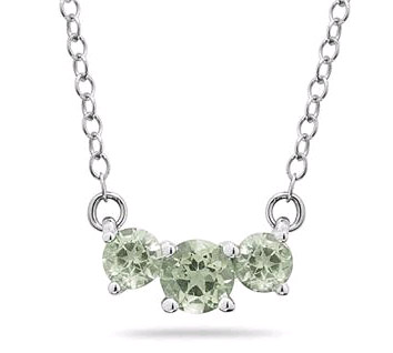 1 Carat Three Stone Green Amethyst Necklace, 14K White Gold