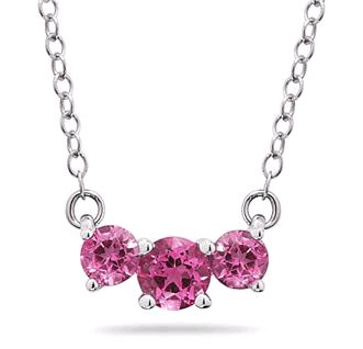 1 Carat Three Stone Pink Topaz Necklace, 14K White Gold