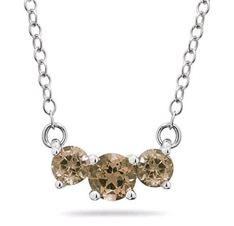 1 Carat Three Stone Smokey Quartz Necklace, 14K White Gold