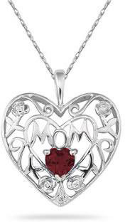 Garnet and Diamond Mother's Rose Pendant, 10K White Gold