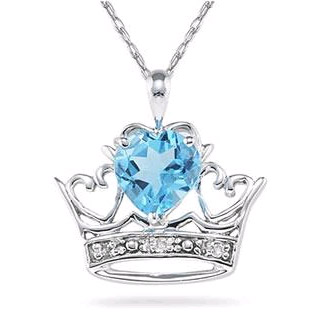 Crown Heart Blue Topaz and Diamond Pendant