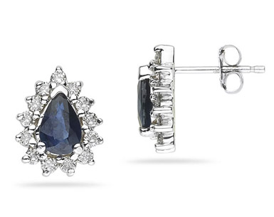 Pear-Shaped Sapphire and Diamond Flower Earrings, 14K White Gold