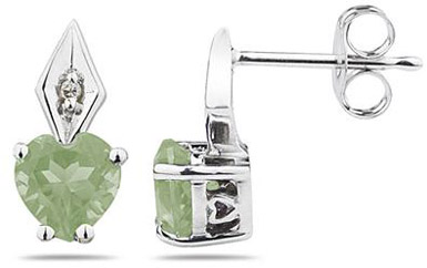Heart Shape Green Amethyst and Diamond Earrings, 10K White Gold