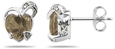 1.50 Carat Heart-Shaped Smokey Quartz and Diamond Earrings, 14K White Gold