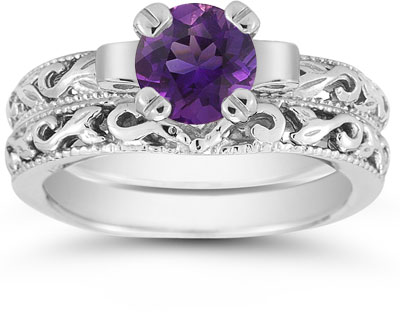 Amethyst 1 Carat Art Deco Bridal Set in Sterling Silver