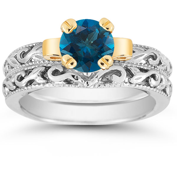 Carat Art Deco London Blue Topaz Bridal Ring Set