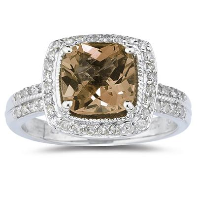 2.50 Carat Cushion Cut Smokey Quartz�and Diamond Ring in 14K White Gold