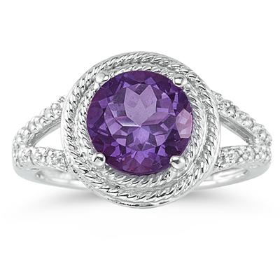 Amethyst and Diamond Rope Design Ring in 10K White Gold