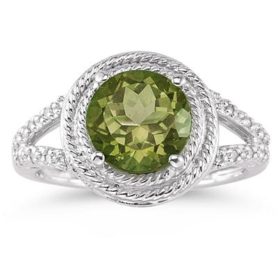 Peridot and Diamond Rope Design Ring in 10K White Gold
