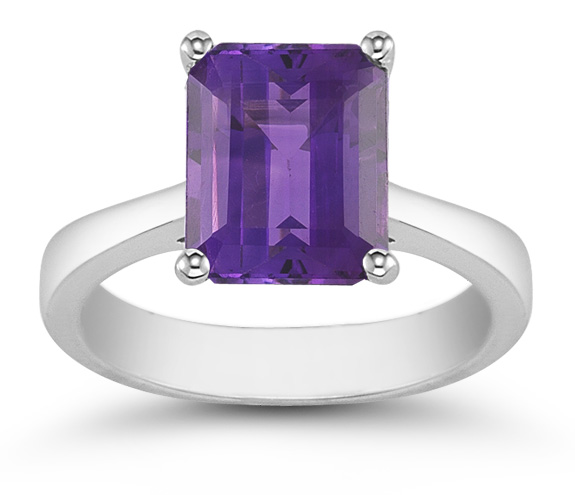 Emerald Cut 8mm x 6mm Amethyst Solitaire Ring, 14K White Gold