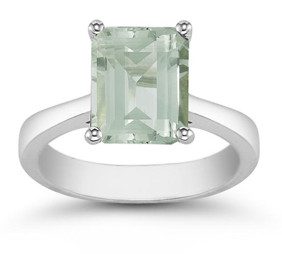 Emerald Cut Green Amethyst Solitaire Ring in 14K White Gold