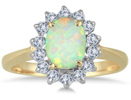 14k Yellow Gold Oval Opal And Diamond Ring 