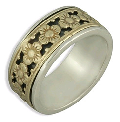 14K Yellow Gold and Sterling Silver Floral Wedding Band