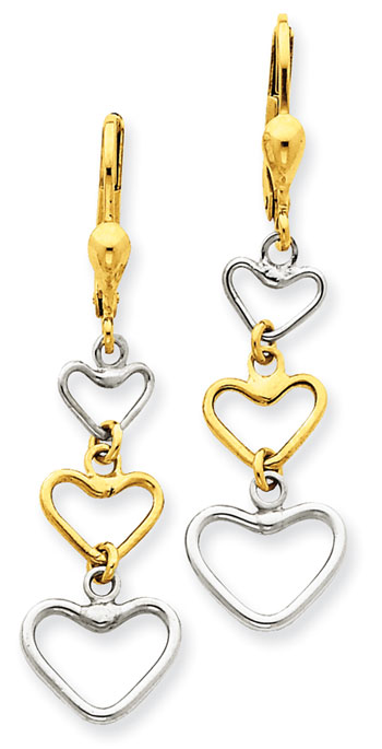 14K Two Tone Heart Drop Earrings