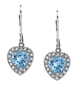 Blue Topaz Dangling Heart Earrings, 10K White Gold