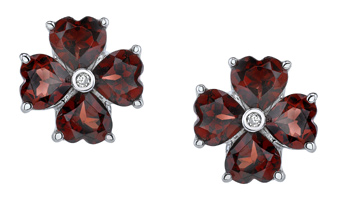 Garnet Heart Clover Earrings, 14K White Gold