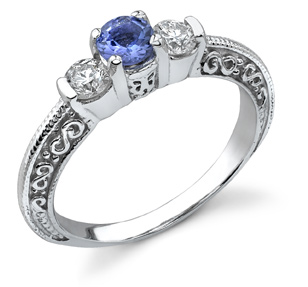 Three Stone Paisley Tanzanite and Diamond Ring, 14K White Gold