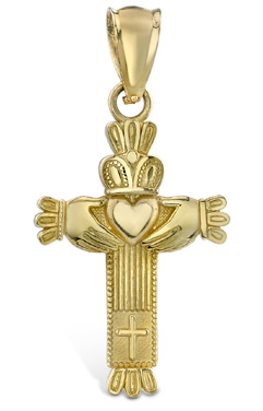 Claddagh Cross Pendant, 14K Yellow Gold