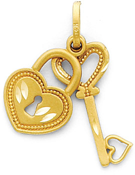 14K Yellow Gold Diamond Cut Polished Key & Lock Pendant