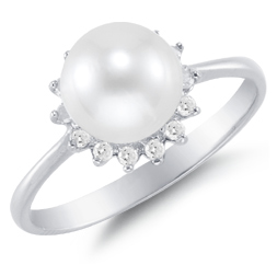 7mm Cultured Pearl and Diamond Crown Ring, 14K White Gold