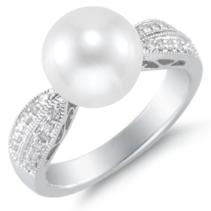 10mm South Sea Naturally Cultured White Pearl and 1/2 Carat Diamond Ring