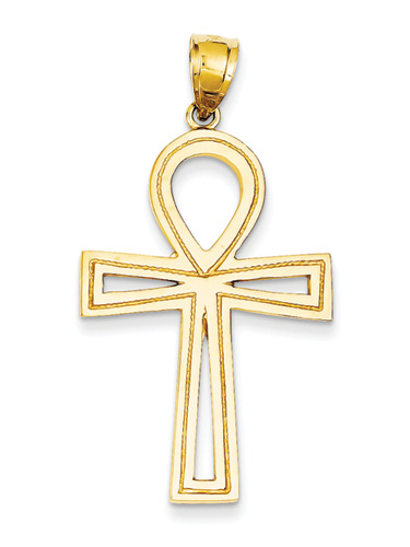 Large Ankh cross pendant crafted in fine 14k yellow gold. The Ankh cross was adopted by Christians to recall Christ as the tree of life. The Ankh, or Egyptian cross, was taken from the Egyptian hieroglyphics image meaning, "life".