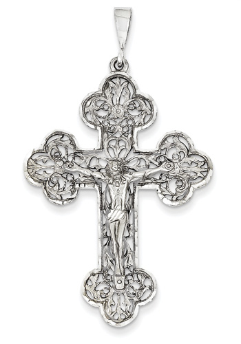Floral and Vine Crucifix Pendant, 14K White Gold