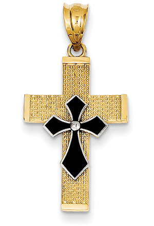 Black Enameled Evangelist Cross Pendant, 14K Two-Tone Gold