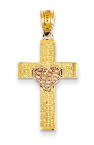 14K Gold Cross with Rose Gold Heart Pendant