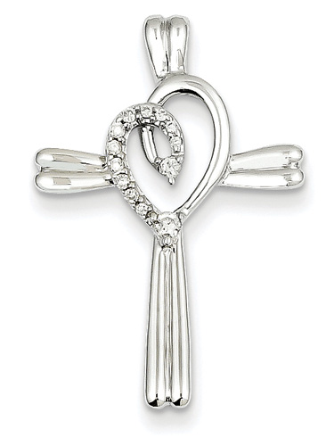 Diamond Heart Swirl Cross Pendant, 14K White Gold