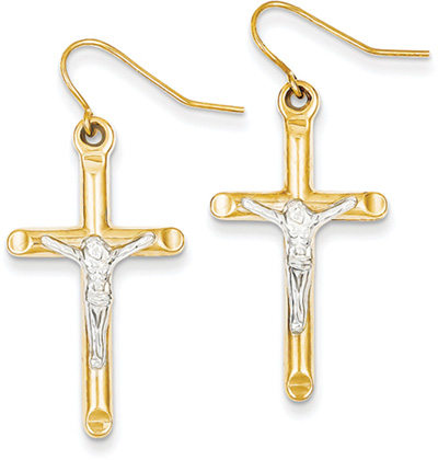 Gold Crucifix Earrings with Shepherd's Hook Backings, 14K Two-Tone