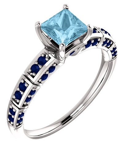 Princess-Cut Aquamarine and Sapphire Ring in 14K White Gold