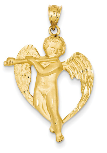Angel Pendant with Flute, 14K Gold
