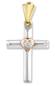 14K Tri-Color Gold Heart Cross