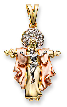14K Gold Tri-Color CZ Jesus Crucifix and Resurrection Cross Pendant