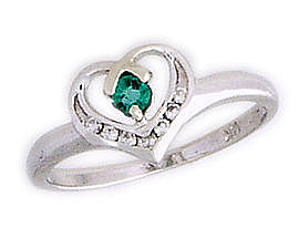 14K White Gold Precious Emerald and Diamond White Gold Heart Ring