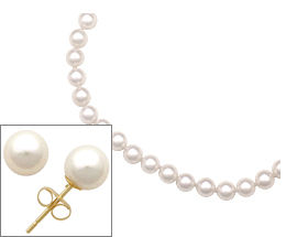 White Pearl Earring and Necklace Set in 14 Karat Yellow Gold