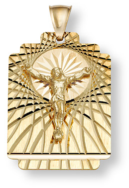14K Gold Jesus Crucifix Diamond Cut Plaque Pendant
