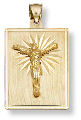14K Gold Jesus Crucifix Plaque Pendant