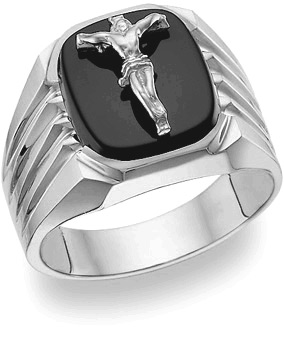 14K White Gold Onyx Crucifix Ring