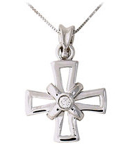 14K White Gold Roman Cross Pendant with Diamond Center