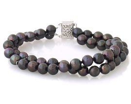 Cultured Black Pearl Double Strand Bracelet - 14K White Gold