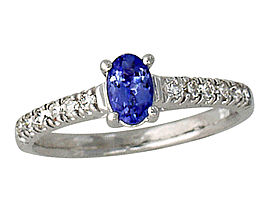Carved Tanzanite and 1/4 Carat Diamond Ring - 14K White Gold